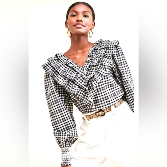 English Factory Gingham Plaid Print Ruffled V-Neck Women's Top M Black - Picture 2 of 9